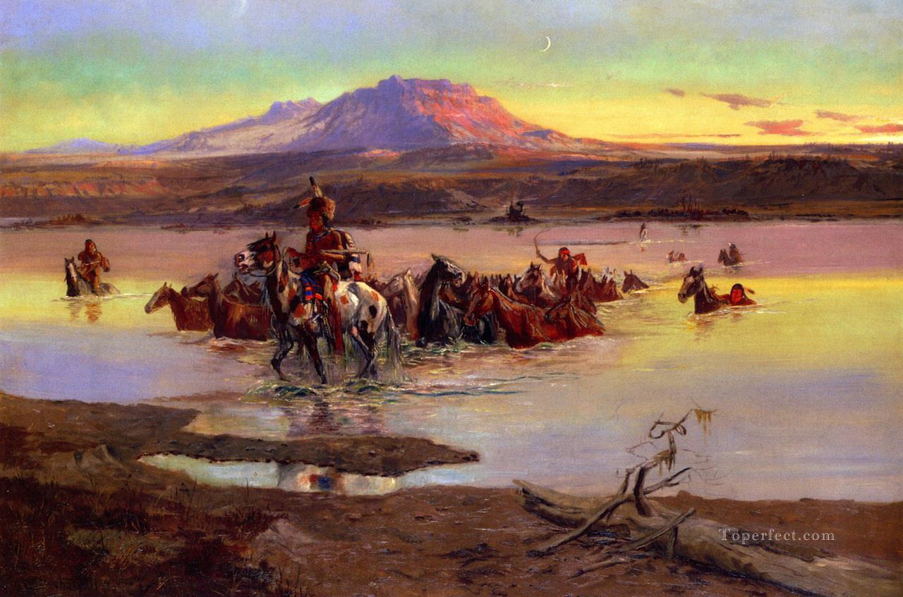 fording le troupeau de chevaux 1900 Charles Marion Russell Indiens d’Amérique Peintures à l'huile